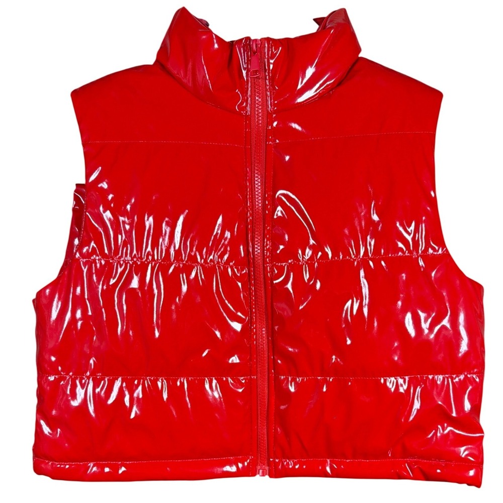 Daisy Puffer Vest Womens M Red Patent Glossy Quilted Cropped NEW